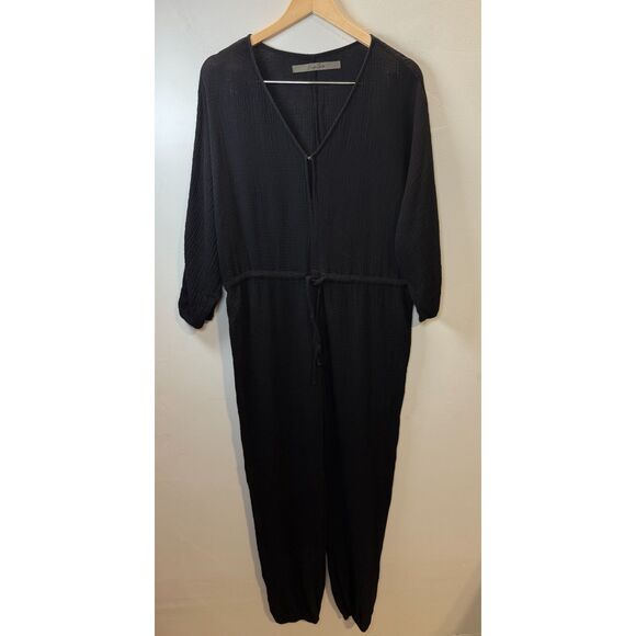Enza Costa Tie Waist Black Cotton Gauze Jumpsuit Women’s Size 1 Long Sleeve - Picture 3 of 6